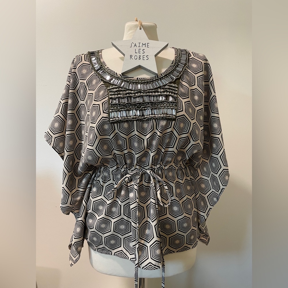 MIAMI - Black & Cream Geometric Embellished Blouse